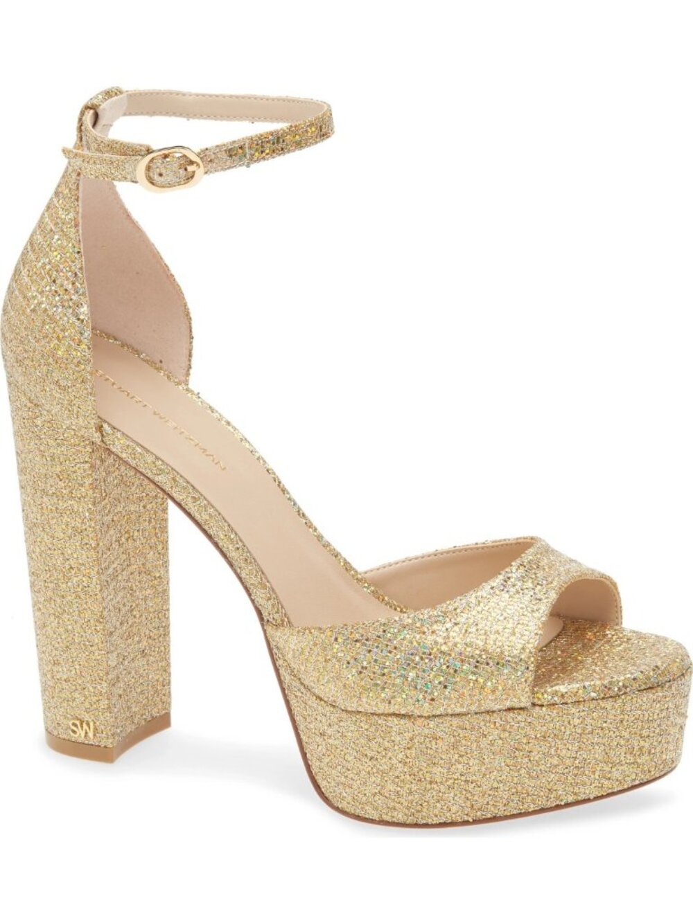 $575 STUART WEITZMAN Pamela Glitter SEQUINED Platform Sandal GOLD 8 (PD15)